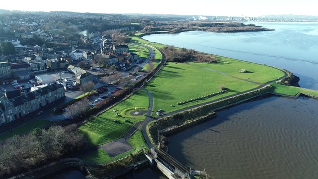 Aerial footage above the park at Boness Fore Shore in West Lothian, Scotland, UK.