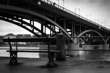 View from a bench of the Wettsteinbrücke over the Rhine river in Basel Switzerland