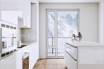 Fototapeta na wymiar White Modern Kitchen Furniture in new Minimalistic Interior with Mountain view 3d render