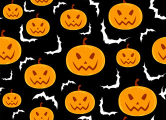 Happy Halloween vector seamless decorative background with hand drawn pumpkins and bats
