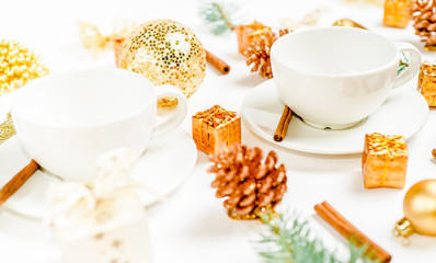 cup on a christmas holiday table. holidays and events consept. Flat lay, Top view