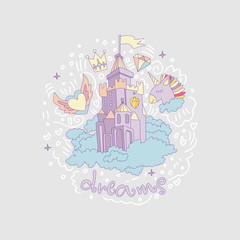 Cartoon medieval fun castle with flag and clouds concept. Magic cartoon castle for princess from fairy tale icon. Funny pink cartoon castle with unicorn, heart, diamond, crown and curved line decor.