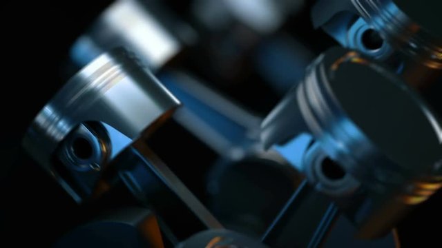 V8 motor with working pistons and crankshafts inside camera fly through. Concept of automobile engine