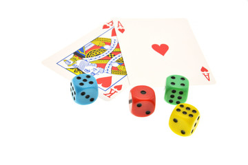 dices and playing cards on white background
