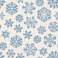 Seamless embroidery snowflakes background.
