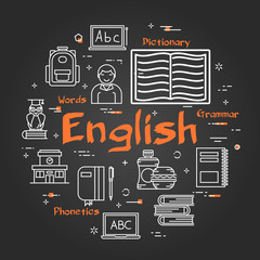 Round English Subject concept on black chalkboard