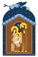 Vector illustration on the theme of Christmas and New Year in flat style. Holy Family and Christmas angel. Christmas Nativity scene