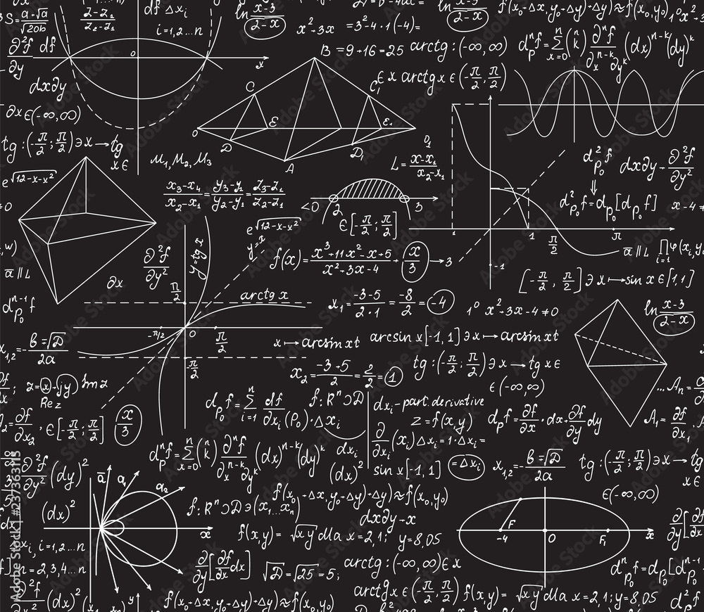 Wall mural math vector seamless pattern with handwritten algebra formulas. chalkboard drawings effect. you can 