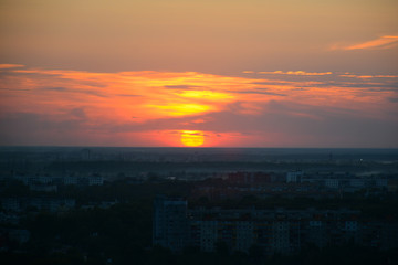 NIZHNY NOVGOROD, RUSSIA - AUGUST 28, 2018: Beautiful view to the sunset over Oka river in Park Shveytsariya in the Upper part of the city