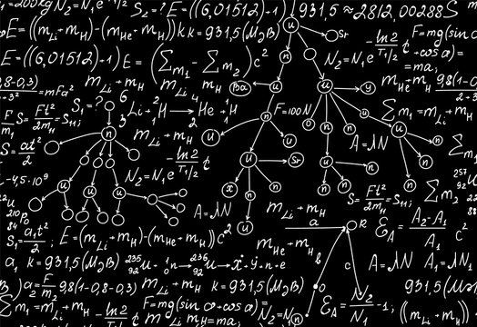 Vector scientific seamless texture with handwritten formulas of nuclear physics