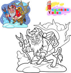 Cartoon krampus is looking for children, coloring book, funny illustration
