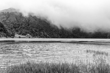 Dramatic black and white view of Lagoa Verde in Sao Miguel.