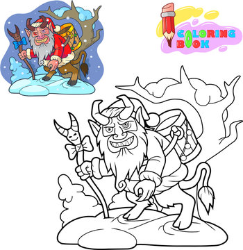 Cartoon krampus is looking for children, coloring book, funny illustration