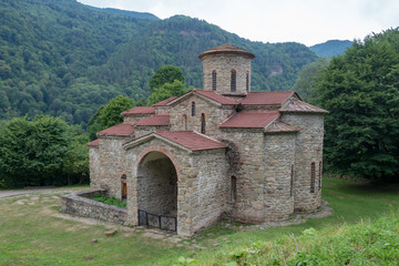 Fototapeta na wymiar Northern temple.. Ancient Christian Church of Alanya in the Caucasus Mountains. Russia, Karachay-Cherkessia, Arkhyz.