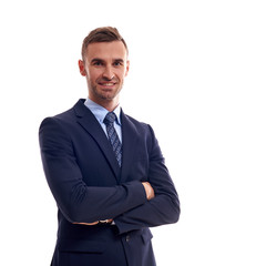 business, people and office concept - happy smiling businessman in suit