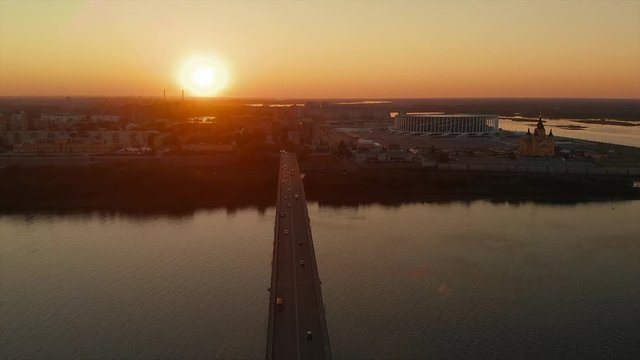 Drone image over Fedorovsky Embankment during sunset