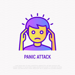 Panic attack thin line icon: man feeling anxiety and touching his head. Modern vector illustration of neurosis symptom.