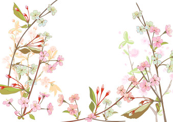 Obraz na płótnie Canvas Horizontal border with spring blossom. Pink, bluish flowers: cherry, (sakura, almond, plum). Florets, branches, buds, green leaves on white background. Digital drawing in watercolor style, vector