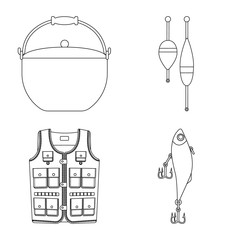 Vector illustration of fish and fishing symbol. Set of fish and equipment stock vector illustration.