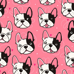 Leuke franse buldog. Hondengezichten met verschillende emoties. Hand getekend gekleurde vector naadloze patroon. Roze achtergrond