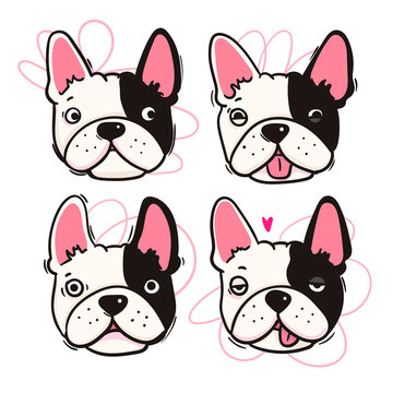 Cute french bulldog. Four dog faces with various emotions. Hand drawn colored vector set. All elements are isolated