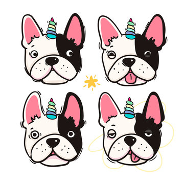 Cute french bulldog with unicorn horn. Four dog faces with various emotions. Hand drawn colored vector set. All elements are isolated