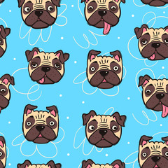Cute pug faces with various emotions. Hand drawn colored vector seamless pattern. Blue background