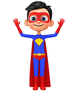 Cartoon character boy in superhero clothes with his hands up on a white background. 3d rendering. Illustration for advertising.