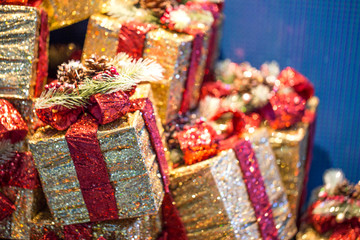 Fototapeta na wymiar Christmas presents with red ribbon. Christmas gift box.