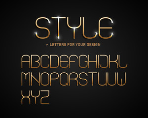 Obraz premium Golden glossy thin fashion vector font or gold alphabet with shadow. Yellow metal typeface. Metallic golden abc, alphabet typographic luxury illustration. 