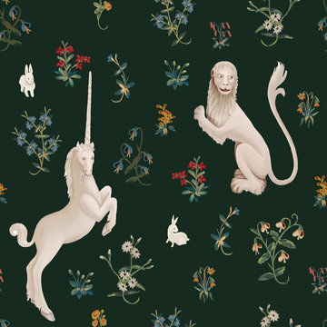 Hand drawn seamless pattern in medieval tapestries style lion and unicorn on deep green background