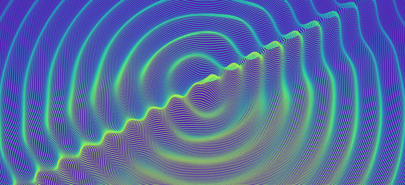 3D wavy background with ripple effect. Vector illustration with particle. 3D grid surface.
