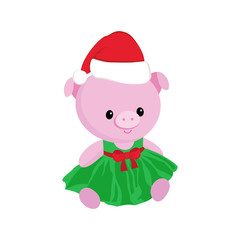 New year 2019 symbol pig, cute little piglet character, piggy girl, in dress and Santa hat, plush toy gift for kids, cartoon flat style, pink color, Christmas decoration, funny vector illustration.