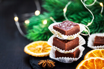 Homemade delicious chocolate fudge pieces with sea salt