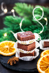 Homemade delicious chocolate fudge pieces with sea salt
