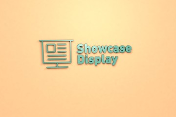 Illustration of Showcase Display with blue-green text on orange background