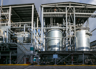 Chemical factory. Elastomer and thermoplastic production line. Large vats for preparing monomers and polymerization 