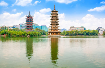 Sun and Moon Pagodas in downtown of Guilin, Guangxi Province, China.