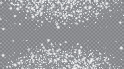 Obraz premium Flying snow background. Festive frame for New Year greetings. Card or banner with flakes confetti scatter frame, snow elements. Transparent base.
