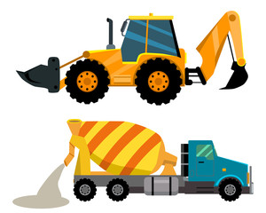 Two units of vector construction equipment - tractor and concrete mixer 