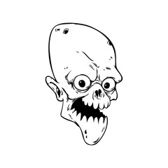Insane zombie head. line art. Isolated vector illustration.