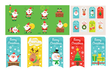 Collection of Christmas banners and cards. Santa, snowman.deer. Vector illustration in a flat style.
