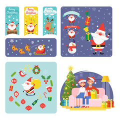 Collection of Christmas banners and cards. Santa, snowman.deer. Vector illustration in a flat style.