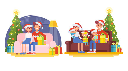 Christmas and happy new year vector set. Happy family together. Mom, dad and kids sitting on the couch at home. Santa Claus banners. Celebrating Christmas.Cartoon style, Flat Vector illustration.