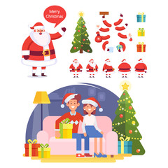 Christmas and happy new year vector set. Happy family together. Mom, dad and kids sitting on the couch at home. Santa Claus banners. Celebrating Christmas.Cartoon style, Flat Vector illustration.