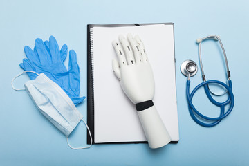 Bionic medical hand prosthesis. Amputation of arm.