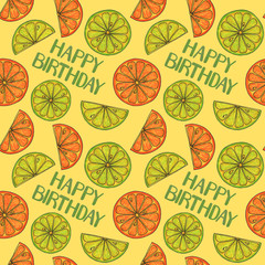 Happy birthday seamless pattern with hand drawn elements and lettering
