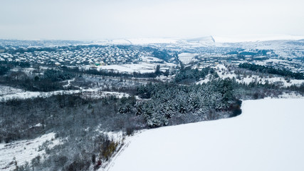 Winter Aerial view over the small village.