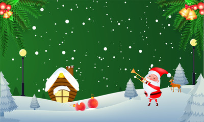 Cute santa clause on green winter landscape background for Merry Christmas celebration concept. Can be used as greeting card design.