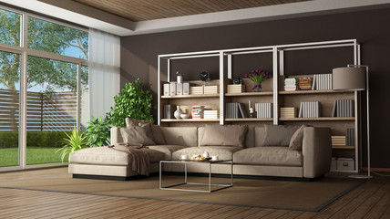 Brown living room with sofa and bookase